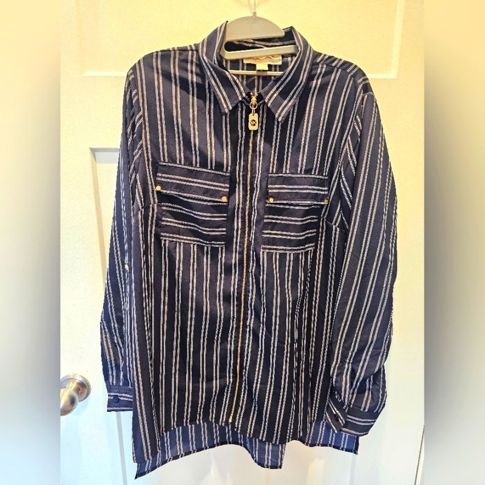 Michael Michael Kors Navy Striped Zip Front Blouse Gold Hardware Women’s L